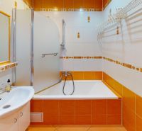 Badezimmer in einer 3-Zimmer-Wohnung mit orangefarbenen Fliesen, Dusche und Waschbecken.
