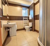 Badezimmer in einem Studio-Apartment mit Dusche, Waschmaschine, Waschbecken und Toilette.