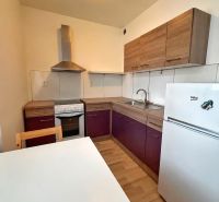 Küche in einem Studio-Apartment mit Eckküche, Tisch und Boden in Holzoptik.