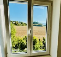 Blick aus einer Einzimmerwohnung auf das Feld und das Grün in Malé Kršteňany.