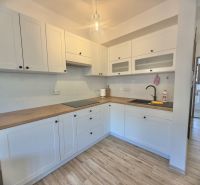 Küche in einer Einzimmerwohnung mit weißen Schränken und einem Boden in Holzoptik.