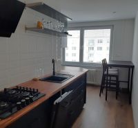 Küche in einer 2-Zimmer-Wohnung mit Holzboden und Bartisch.