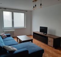 Wohnzimmer in einer Zweizimmerwohnung mit Ecksofa und Holzboden.
