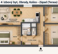 Grundriss einer 4-Zimmer-Wohnung mit Holzboden umfasst Zimmer und Küche.
