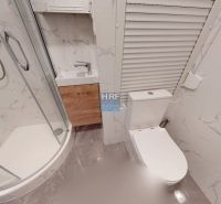 Das Badezimmer im Einzimmerapartment enthält eine Dusche, ein Waschbecken und eine Toilette mit Marmorverkleidung.