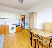 Einzimmerwohnung mit Küchenzeile, Waschmaschine und Esstisch, hat einen Boden mit Holzdekor.