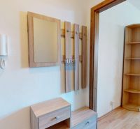 In der Einzimmerwohnung befindet sich ein Flur mit einer Garderobenleiste und einer Kommode, der Boden hat eine Holzoptik.