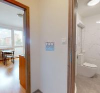 Einzimmerwohnung mit Holzboden und Badezimmer mit weißen Fliesen.