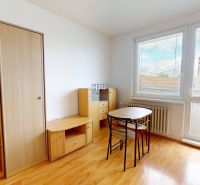 Einzimmerwohnung mit Möbeln, Tisch und Stühlen, Boden mit Holzdekor, großes Fenster mit Jalousien.