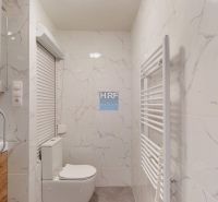 Das Badezimmer eines Einzimmerapartments mit weißen Fliesen und einer Duschkabine.