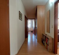 Ein Flur mit Holzboden, Türen und einem Spiegel in einer 3-Zimmer-Wohnung.