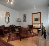 Wohnzimmer in einer 3-Zimmer-Wohnung mit Teppich, Spiegel und Boden mit Holzdekor.