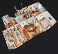 Entwurf einer 3-Zimmer-Wohnung mit Holzboden und möbliertem Interieur.