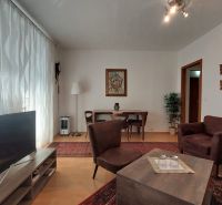 Wohnzimmer in einer 3-Zimmer-Wohnung mit Holzboden und bequemen Möbeln.