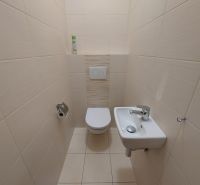 Toilette mit Waschbecken im Inneren einer 3-Zimmer-Wohnung, geflieste Wände.