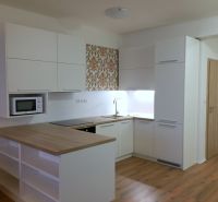 Eine Küche mit weißer Küchenzeile und dekorativer Wand in einer 3-Zimmer-Wohnung, Boden mit Holzdekor.