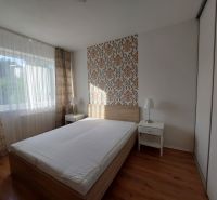 Schlafzimmer mit Bett, Tapete und Holzboden in einer 3-Zimmer-Wohnung.