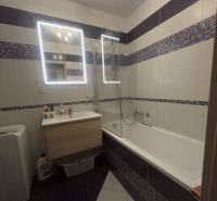 Badezimmer mit Spiegel und Badewanne in einer 2-Zimmer-Wohnung; weiße Fliesen kombiniert mit Mosaik.