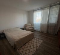 Schlafzimmer in einer 2-Zimmer-Wohnung mit Bett, Sessel und Boden in Holzoptik.