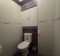 Badezimmer in einer 2-Zimmer-Wohnung mit Fliesen in Weiß- und Violetttönen.