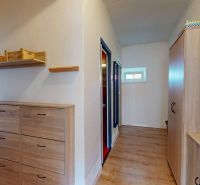 Flur in einer 2-Zimmer-Wohnung mit Möbeln in Holzdekor und Kleiderhaken.
