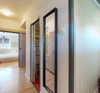 Eingangsflur mit Holzboden und Spiegel in einer 2-Zimmer-Wohnung.