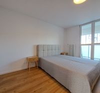 Schlafzimmer in einer 2-Zimmer-Wohnung mit einem Bett und einem Boden in Holzoptik.