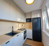 Küche in einer 2-Zimmer-Wohnung mit weißen Schränken und einem Boden in Holzoptik.