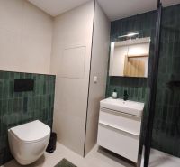 Badezimmer in einer 2-Zimmer-Wohnung mit dunkelgrünen Fliesen und weißen Sanitäreinrichtungen.