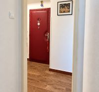 Ein Flur mit roten Türen und einem Boden in Holzoptik in einer 3-Zimmer-Wohnung.