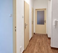 Ein Flur mit drei Türen und einem Boden in Holzoptik in einer 3-Zimmer-Wohnung.