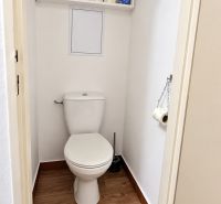 Toilette mit Regal und Boden in Holzoptik in einer 3-Zimmer-Wohnung.
