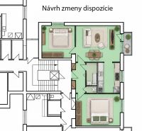 Návrh na zmenu dispozície 3-izbového bytu s dvoma spálňami a obývacou izbou.