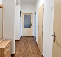 Der Flur in einer 3-Zimmer-Wohnung mit einem Boden in Holzoptik und einem Schrank.