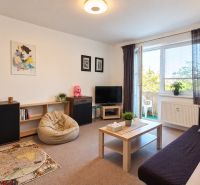 Wohnzimmer in einer 3-Zimmer-Wohnung mit bequemen Sitzgelegenheiten und Zugang zum Balkon.