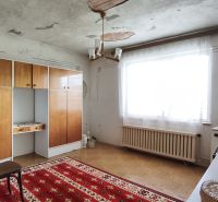Das Innere eines Einfamilienhauses mit Retro-Möbeln, rotem Teppich und einem großen Fenster.
