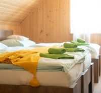 Ein Zimmer mit zwei Betten, einer gelben Decke und Holzvertäfelung in einem Hotel und Pensionen.