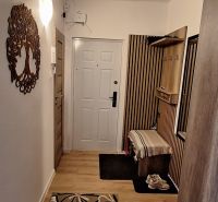 Flur in einer 3-Zimmer-Wohnung mit Holzboden und einem Teppich mit Blumenmuster.