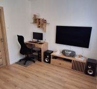 Arbeitsbereich mit Computer und Fernseher, Holzboden in einer 3-Zimmer-Wohnung.