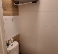 Toilette mit Holzboden in einer 3-Zimmer-Wohnung.