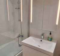 Badezimmer in einer 3-Zimmer-Wohnung mit Badewanne, Spiegelschrank und Boden mit Holzdekor.