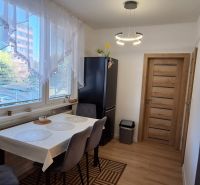 Essbereich mit Fenster, dunkler Kühlschrank, Vorhänge und Tisch in einer 3-Zimmer-Wohnung.