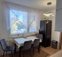 Essbereich in einer 3-Zimmer-Wohnung mit einem dunklen Kühlschrank und einem Boden in Holzoptik.