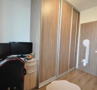 Arbeitsbereich mit Schreibtisch, zwei Monitoren, Kleiderschrank und Boden mit Holzdekor.