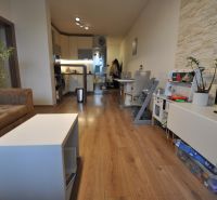 Wohnzimmer in einer 3-Zimmer-Wohnung mit Holzboden, Sitzgarnitur und Küche.