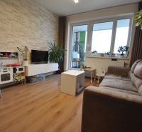 Wohnzimmer in einer 3-Zimmer-Wohnung mit Holzboden und Steinverkleidung an der Wand.