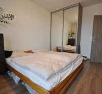 Schlafzimmer mit Bett, Schrank mit Spiegel und Boden mit Holzdekor in einer 3-Zimmer-Wohnung.