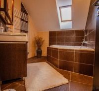 Ein Badezimmer in einem Einfamilienhaus mit einer Badewanne und Holzmöbeldekor.