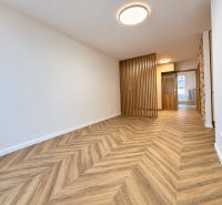 Innenraum einer 3-Zimmer-Wohnung mit Holzboden und Holztrennwänden.