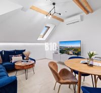 Dachboden-Wohnzimmer mit blauem Sofa, Fernseher und Holzboden, 2-Zimmer-Wohnung.